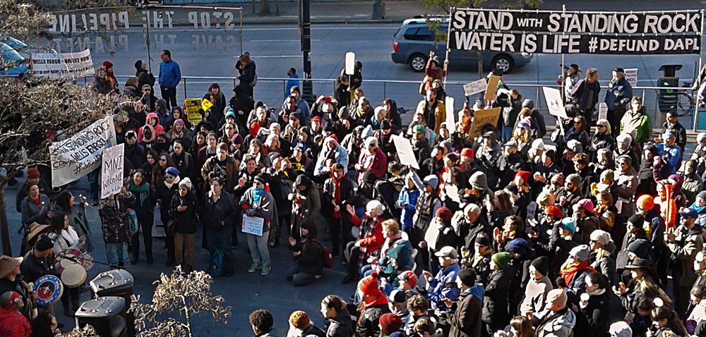 Sign: ''Stand with Standing Rock: Water is Life - Defund DAPL''